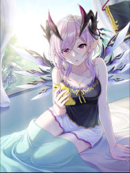 Rule 34 | 1girl, artist request, breasts, cellphone, cleavage, demon horns, highres, horn ornament, horns, light purple hair, medium breasts, official art, on bed, open mouth, open window, oscurol (shironeko project), oscurol (shironeko project), phone, pointy ears, purple eyes, shironeko project, skeleton, sleepwear, smartphone, solo, window, wings