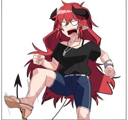 Rule 34 | black shirt, blank eyes, character request, clenched hands, collarbone, copyright request, demon girl, demon horns, demon tail, fangs, frown, high heels, horns, jewelry, long hair, motion lines, open mouth, pendant, pointy ears, red hair, shirt, shorts, simple background, stomping, strap, superkyu, sweat, t-shirt, tail, teeth, toeless footwear, v-neck, very long hair, white background, wrist cuffs
