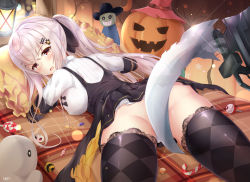Rule 34 | 1girl, anti-materiel rifle, argyle, argyle clothes, argyle legwear, ass, black dress, blush, bolt action, breasts, bullpup, candy, detached sleeves, dress, fake scythe, food, from behind, girls&#039; frontline, gun, hair between eyes, hair ornament, hair ribbon, hairclip, halloween, iws 2000 (girls&#039; frontline), iws 2000 (the seventh sealer) (girls&#039; frontline), lace, lace-trimmed legwear, lace trim, long hair, looking at viewer, looking back, lying, napalmbit, needlegun, official alternate costume, on stomach, open mouth, paid reward available, panties, pillow, pinafore dress, ponytail, prototype design, red eyes, ribbon, rifle, scythe, sidelocks, silver hair, skindentation, sleeveless, sleeveless dress, sniper rifle, solo, steyr arms, steyr iws 2000, steyr mannlicher, thighhighs, thighs, underwear, v-shaped eyebrows, weapon, white panties