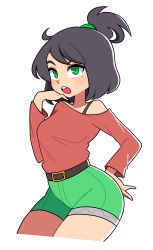Rule 34 | 1girl, :o, absurdres, bare shoulders, belt, black hair, breasts, cowboy shot, cropped legs, green eyes, green shorts, gro-ggy, half updo, hand on own chin, hand on own hip, highres, hip focus, long sleeves, medium breasts, open mouth, original, shirt, short hair, short ponytail, shorts, simple background, solo, strap, swept bangs, teeth, white background