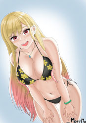 Rule 34 | 1girl, absurdres, bare shoulders, bent over, bikini, black bikini, bracelet, breasts, gradient hair, highres, jewelry, kitagawa marin, large breasts, long hair, looking at viewer, masu-mo, multicolored hair, necklace, red eyes, resolution mismatch, self-upload, smile, solo, sono bisque doll wa koi wo suru, source smaller, swimsuit, thighs