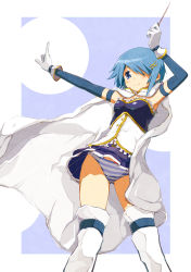 Rule 34 | 10s, 1girl, armband, arms up, conductor baton, blue eyes, blue hair, blue panties, bow, bow panties, cape, fortissimo, gloves, hair ornament, hair over one eye, hairclip, highres, magical girl, mahou shoujo madoka magica, mahou shoujo madoka magica (anime), mahou shoujo madoka magica movie 1 &amp; 2, matching hair/eyes, miki sayaka, musical note, musical note hair ornament, panties, pantyshot, ruiten, short hair, solo, striped clothes, striped panties, thighhighs, underwear