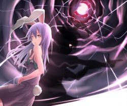 Rule 34 | 1girl, aiming, alternate costume, animal ears, bad anatomy, bad id, bad pixiv id, bare shoulders, breasts, buttons, cleavage, cloud, crack, dress, female focus, frown, full moon, glowing, glowing eyes, hand on own hip, long hair, looking at viewer, moon, pocket, purple dress, purple hair, rabbit ears, rabbit girl, rabbit tail, red eyes, red moon, reisen udongein inaba, saraki, shadow, sleeveless, solo, tail, touhou, undershirt