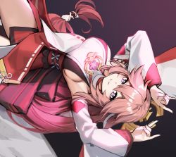 Rule 34 | 1girl, animal ears, armpits, arms up, breasts, detached sleeves, double fox shadow puppet, fox ears, fox shadow puppet, genshin impact, grin, hair ornament, highres, japanese clothes, large breasts, lim jaejin, long hair, looking at viewer, low-tied long hair, pink hair, purple eyes, revision, sideboob, smile, solo, thighs, very long hair, wide sleeves, yae miko