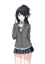 Rule 34 | 1girl, arm behind back, black hair, black skirt, blue necktie, blush, cardigan, closed mouth, cowboy shot, grey cardigan, hand on own chest, idolmaster, idolmaster shiny colors, kazano hiori, long hair, long sleeves, looking at viewer, miniskirt, necktie, pleated skirt, purple eyes, school uniform, simple background, skirt, solo, striped necktie, striped neckwear, suien, thighs, v-shaped eyebrows, white background