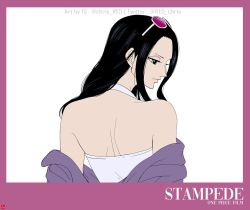 Rule 34 | 1girl, back, bare shoulders, black hair, border, cardigan, chris re5, closed mouth, commentary, copyright name, dress, eyewear on head, instagram username, long hair, looking down, nico robin, one piece, one piece: stampede, pink-tinted eyewear, pink border, purple cardigan, sidelocks, solo, tinted eyewear, twitter username, upper body, white background
