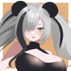 Rule 34 | 1girl, :d, animal ears, arknights, bare shoulders, black dress, black hair, breasts, brown background, brown eyes, cleavage, dr.lamina, dress, eyebrows hidden by hair, fang, feater (arknights), grey hair, hair over one eye, highres, large breasts, long hair, looking at viewer, multicolored hair, open mouth, sleeveless, sleeveless dress, smile, solo, streaked hair, thick eyebrows, twintails, two-tone background, white background