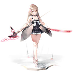 Rule 34 | 1girl, absurdres, black dress, blonde hair, choker, collarbone, doll joints, dress, dual wielding, flower, full body, hair flower, hair ornament, heterochromia, highres, holding, holding sword, holding weapon, joints, long hair, looking at viewer, nekomu, original, solo, sword, weapon, white background