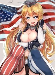 Rule 34 | 10s, 1girl, absurdres, american flag, black panties, blonde hair, blue eyes, breasts, cleavage, elbow gloves, fingerless gloves, garter straps, gloves, headgear, highres, iowa (kancolle), kantai collection, knees together feet apart, large breasts, long hair, looking at viewer, maki (maki pei), navel, open mouth, panties, smile, solo, star-shaped pupils, star (symbol), symbol-shaped pupils, thighhighs, underwear