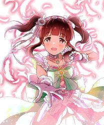 Rule 34 | 1girl, :d, breasts, brown eyes, brown hair, cleavage, commentary request, dress, flower, gloves, hair flower, hair ornament, hair ribbon, hairband, highres, idolmaster, idolmaster cinderella girls, looking at viewer, medium breasts, nanananananasea, ogata chieri, open mouth, pink dress, ribbon, short hair, smile, solo, tareme, twintails, upper body, white gloves, white ribbon