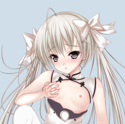 Rule 34 | 1girl, ahoge, bad id, bad pixiv id, black eyes, blush, bow, breast hold, breast lift, breasts, china dress, chinese clothes, dress, flat chest, hair bow, kasugano sora, long hair, nipples, open clothes, open mouth, paint musume, solo, teardrop, twintails, white hair, yosuga no sora