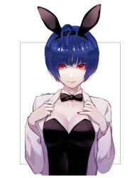Rule 34 | 1girl, ahoge, alternate costume, animal ears, black bow, black bowtie, black hairband, black leotard, blue hair, bow, bowtie, breasts, cleavage, closed mouth, coat, covered navel, detached collar, fake animal ears, hairband, hands up, highres, igusaharu, large breasts, leotard, long sleeves, looking at viewer, nail polish, open clothes, open coat, persona, persona 5, playboy bunny, rabbit ears, red eyes, red nails, shadow, short hair, smile, solo, strapless, strapless leotard, takemi tae, twitter username, upper body, white background, white coat