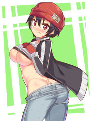 1girl ass beanie black_hair blue_pants blush breasts butt_crack clothes_lift clothes_pull cougar_(cougar1404) denim gloves hands_on_own_chest hat izumo_fuuko jacket jeans large_breasts long_sleeves looking_at_viewer necktie pants pants_pull red_eyes red_gloves red_hat shiny_skin shirt shirt_lift short_hair skinny_jeans solo sweater undead_unluck underboob unzipped white_shirt