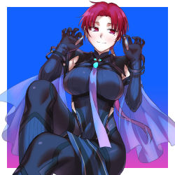 Rule 34 | 1girl, bad id, bad pixiv id, bazett fraga mcremitz, black bodysuit, blush, bodysuit, breasts, earrings, fate/grand order, fate (series), haruyolivine, jewelry, large breasts, long hair, looking at viewer, low ponytail, manannan mac lir (fate), manannan mac lir (second ascension) (fate), mole, mole under eye, parted bangs, pelvic curtain, red eyes, red hair, sitting, smile, solo, thighs