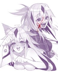 Rule 34 | 1girl, alternate hair length, alternate hairstyle, animal ear fluff, animal ears, armor, blood, blood on face, blush, breasts, cat ears, collar, collarbone, fate/grand order, fate (series), greyscale, hair between eyes, highres, japanese armor, koha-ace, long hair, long sleeves, looking at viewer, medium breasts, medium hair, metal collar, mitsurugi sugar, monochrome, multicolored hair, multiple views, nagao kagetora (fate), open mouth, paw pose, paw print, ponytail, shoulder armor, sidelocks, smile, sode, spot color, two-tone hair, very long hair