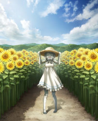Rule 34 | 1girl, :d, ^ ^, bandaged leg, bandages, bare shoulders, barefoot, blue sky, bow, braid, closed eyes, cloud, cloudy sky, colored skin, dress, field, flower, flower field, grey hair, grey skin, hat, highres, hill, holding, holding clothes, holding hat, indie virtual youtuber, noruka-soruka, open mouth, piercing, sharp teeth, sky, smile, solo, straw hat, sun hat, sunflower, sunflower field, sunlight, teeth, tentacles, tongue piercing, twin braids, virtual youtuber, white bow, white dress, zombie, zonbko