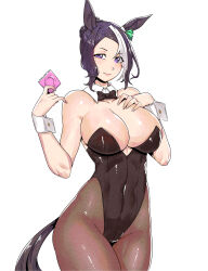 Rule 34 | 1girl, absurdres, animal ears, bare shoulders, black bow, black bowtie, black hair, black leotard, bow, bowtie, braid, braided bun, breasts, cleavage, commentary request, condom, detached collar, hair bun, hand on own chest, highleg, highleg leotard, highres, holding, holding condom, horse ears, horse girl, horse tail, large breasts, leotard, looking at viewer, lying, mejiro ramonu (umamusume), minew, mole, mole under eye, multicolored hair, nontraditional playboy bunny, pantyhose, purple eyes, simple background, single hair bun, solo, strapless, strapless leotard, streaked hair, tail, umamusume, white background, wrist cuffs