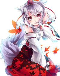 Rule 34 | 1girl, animal ears, bare shoulders, breasts, detached sleeves, hand on own head, hat, inubashiri momiji, looking at viewer, mizurapi, open mouth, pom pom (clothes), red eyes, short hair, silver hair, simple background, sitting, solo, tail, tokin hat, touhou, white background, wolf ears, wolf tail