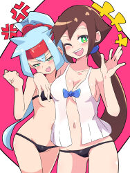 Rule 34 | 2girls, absurdres, aile (mega man zx), annoyed, ashe (mega man), bikini, black panties, blue bow, blue hair, blush, bow, breasts, brown hair, buzzlyears, cleavage, collarbone, female focus, finger to face, green eyes, high ponytail, highres, lingerie, long hair, medium breasts, mega man (series), mega man zx, mega man zx advent, micro bikini, multiple girls, navel, negligee, one eye closed, panties, pink background, simple background, sleepy, solo, swimsuit, underwear, white negligee