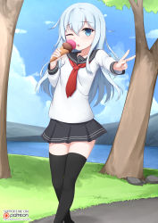 Rule 34 | 1girl, artist name, black skirt, blue eyes, blue hair, blue sky, blush, cloud, collarbone, day, english text, female focus, food, grass, hair between eyes, hibiki (kancolle), highres, holding, holding food, holding ice cream, ice cream, kantai collection, long hair, long sleeves, looking at viewer, necktie, one eye closed, outdoors, parted lips, patreon logo, patreon username, plant, rock, shirt, skirt, sky, solo, standing, thighhighs, tree, v, vahn yourdoom, watermark, web address, white shirt, zettai ryouiki