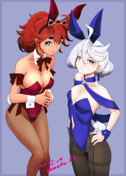 Rule 34 | 2girls, ahoge, animal ears, aqua eyes, black pantyhose, blue background, blue leotard, bow, bowtie, breasts, brown bow, brown bowtie, cleavage, clothing cutout, commentary request, cowboy shot, dark-skinned female, dark skin, dated, detached collar, feet out of frame, grey eyes, gundam, gundam suisei no majo, hair between eyes, hands on own hips, leotard, long hair, medium breasts, miorine rembran, moke ro, multiple girls, navel cutout, pantyhose, playboy bunny, rabbit ears, rabbit tail, red hair, red leotard, simple background, small breasts, suletta mercury, swept bangs, tail, thick eyebrows, tiara, twitter username, white hair, wrist cuffs