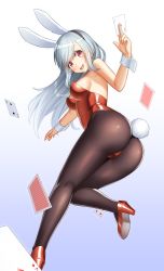 Rule 34 | 1girl, ace (playing card), ace of clubs, animal ears, ass, between fingers, black headband, black pantyhose, blue hair, card, card between fingers, club (shape), fake animal ears, hair between eyes, headband, high heels, highres, holding, holding card, kuro emimi, leotard, long hair, looking back, multicolored hair, open mouth, original, pants, pantyhose, playboy bunny, playing card, poker, rabbit tail, red footwear, sidelocks, simple background, solo, tail, two-tone hair, two of diamonds, two of spades, white hair, wrist cuffs