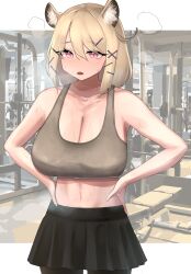 Rule 34 | 1girl, 360 (taiyo360), absurdres, animal ear fluff, arknights, bare shoulders, black pantyhose, black skirt, blonde hair, blush, breasts, brown sports bra, cleavage, collarbone, cowboy shot, gym, hair ornament, hairclip, hands on own hips, highres, indoors, large breasts, long hair, miniskirt, navel, open mouth, pantyhose, purple eyes, skirt, solo, sports bra, utage (arknights)