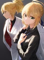 Rule 34 | 2girls, ahoge, alternate costume, artoria pendragon (all), artoria pendragon (fate), artoria pendragon (lancer) (fate), black shirt, black suit, blonde hair, blue neckwear, braid, closed mouth, commentary, fate/grand order, fate (series), formal, french braid, green eyes, grey background, hair between eyes, hair bun, hair ribbon, highres, jacket, modare, mordred (fate), mordred (fate/apocrypha), mother and daughter, multiple girls, open clothes, open collar, open jacket, pants, red neckwear, ribbon, saber (fate), shirt, sidelocks, single hair bun, suit, vest, watch, white jacket, white pants, white vest, wristwatch
