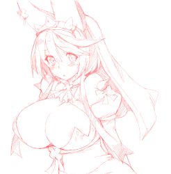 Rule 34 | 1girl, areola slip, breasts, cleavage, elphelt valentine, guilty gear, guilty gear xrd, highres, huge breasts, long hair, looking at viewer, monochrome, parted lips, simple background, solo, white background, whoosaku