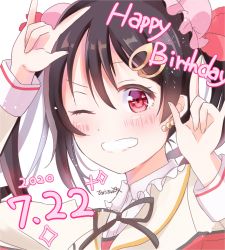 Rule 34 | 1girl, artist name, artist request, black hair, blush, bow, earrings, female focus, hair bow, hair ornament, hairclip, highres, hyoten (desuwa07th), jewelry, looking at viewer, love live!, love live! school idol project, nico nico nii, one eye closed, parted lips, red eyes, short hair, smile, solo, sore wa bokutachi no kiseki, twintails, white background, yazawa nico