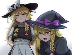 Rule 34 | 2girls, apron, black coat, black eyes, black headwear, black skirt, black vest, blonde hair, blush, bow, braid, buttons, coat, commentary request, cookie (touhou), cowboy shot, dokagui, fang, hair between eyes, hair bow, half-closed eyes, hat, hat bow, highres, kirisame marisa, leaning forward, living clothes, long hair, looking at viewer, medium bangs, multiple girls, open mouth, puffy short sleeves, puffy sleeves, purple bow, red bow, red pupils, rei (cookie), shirt, short sleeves, simple background, single braid, skirt, skirt set, smile, star (symbol), suzu (cookie), tentacles, touhou, turtleneck, unusually open eyes, vest, waist apron, white apron, white background, white bow, white shirt, witch hat, yellow eyes