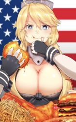 Rule 34 | 1girl, absurdres, american flag background, blonde hair, blue eyes, breasts, cleavage, eating, fingerless gloves, food, french fries, front-tie top, gloves, guchagucha, burger, headgear, highres, holding, holding food, hot dog, iowa (kancolle), kantai collection, large breasts, pizza, solo, star-shaped pupils, star (symbol), symbol-shaped pupils, upper body, wrist cuffs