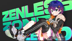 Rule 34 | 1girl, belle (zenless zone zero), black shirt, black thighhighs, blue hair, brown jacket, closed mouth, commentary request, ear piercing, fingerless gloves, food, food in mouth, gloves, green eyes, highres, jacket, knees up, long sleeves, looking at viewer, medium hair, miyako draw, multicolored hair, orange gloves, piercing, pocky, pocky in mouth, purple hair, shirt, shoes, single thighhigh, sitting, sneakers, solo, thighhighs, white footwear, zenless zone zero