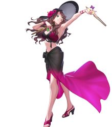 Rule 34 | 1girl, armpits, breasts, brown hair, choker, cleavage, dorothea arnault, feet, female focus, fire emblem, fire emblem: three houses, fire emblem heroes, flower, full body, green eyes, grin, hat, high heels, highres, holding, large breasts, long hair, nail polish, navel, nintendo, official art, pink nails, sandals, sarong, smile, solo, standing, stomach, sun hat, swimsuit, toenail polish, toenails, toes, transparent background