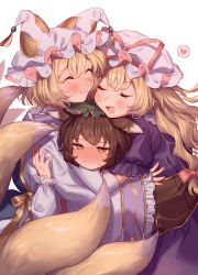 Rule 34 | 3girls, absurdres, animal ears, animal hat, blonde hair, blush, bow, brown corset, brown eyes, brown hair, cat ears, chen, closed eyes, closed mouth, corset, dress, earrings, ears down, embarrassed, fox tail, frilled sleeves, frills, from side, group hug, hair between eyes, hair bow, half-closed eyes, happy, hat, hat ribbon, heart, highres, hug, jewelry, long sleeves, masanaga (tsukasa), mob cap, multiple girls, multiple tails, nose blush, open mouth, pink bow, pink ribbon, puffy short sleeves, puffy sleeves, purple dress, red vest, ribbon, sandwiched, shiny clothes, shiny skin, short hair, short sleeves, sidelocks, simple background, single earring, smile, spoken heart, sweatdrop, tabard, tail, touhou, upper body, vest, wavy mouth, white background, white dress, white headwear, wide sleeves, yakumo ran, yakumo yukari