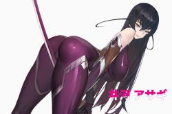 Rule 34 | 1girl, ass, bare shoulders, bent over, between legs, black hair, blue eyes, bodysuit, breasts, closed mouth, commentary request, duto, elbow gloves, from behind, gloves, green eyes, hair between eyes, half-closed eyes, hanging breasts, highres, holding, holding sword, holding weapon, igawa asagi, impossible bodysuit, impossible clothes, large breasts, long hair, looking at viewer, looking back, ninja, purple bodysuit, reverse grip, sagging breasts, shiny clothes, simple background, skin tight, smile, solo, standing, sword, taimanin (series), taimanin asagi, taimanin suit, thighs, weapon, white background
