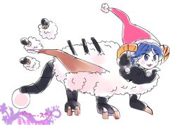 Rule 34 | antinomy of common flowers, blue eyes, blue hair, blush, character name, colored skin, doremy sweet, hat, horns, kokeshi (yoi no myoujou), nightcap, pom pom (clothes), resolution mismatch, robot, sheep, sheep horns, simple background, smile, source larger, touhou, transparent background, white background, white skin