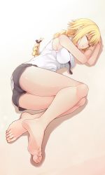 Rule 34 | 1girl, barefoot, batatata77, blonde hair, braid, breasts, closed eyes, covered erect nipples, artistic error, fate/apocrypha, fate (series), feet, full body, highres, jeanne d&#039;arc (fate), jeanne d&#039;arc (girl from orleans) (fate), jeanne d&#039;arc (ruler) (fate), legs, long hair, lying, medium breasts, on side, shorts, single braid, sleeping, sleeveless, soles, solo, thighs, toes, wrong foot