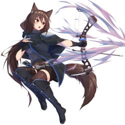 Rule 34 | 1girl, absurdres, animal ear fluff, animal ears, arrow (projectile), belt, belt buckle, black cloak, black footwear, black gloves, black shorts, blush, boots, bow (weapon), brown hair, brown thighhighs, buckle, cloak, full body, gloves, grey belt, grey sweater, hair between eyes, highres, holding, holding bow (weapon), holding weapon, knee boots, long hair, looking away, looking to the side, open mouth, original, outstretched arm, partially fingerless gloves, ponta (velmar), quiver, red eyes, ribbed sweater, short shorts, shorts, simple background, solo, sweater, tail, thighhighs, thighhighs under boots, turtleneck, turtleneck sweater, v-shaped eyebrows, very long hair, weapon, white background