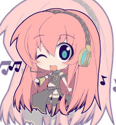 Rule 34 | 1girl, blue eyes, boots, chibi, crazy developers, female focus, headphones, headset, long hair, megurine luka, midriff, musical note, navel, pink hair, smile, solo, thighhighs, vocaloid, wink, zoom layer