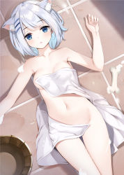 Rule 34 | 1girl, animal ear fluff, animal ears, areola slip, arm up, blue eyes, breasts, cartoon bone, commentary request, date a live, dog ears, groin, hair ornament, hairclip, highres, lying, medium breasts, naked towel, navel, on back, short hair, silver hair, soap bubbles, solo, thigh gap, tile floor, tiles, tobiichi origami, touxing no diluka, towel