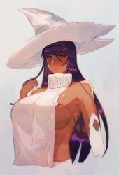 Rule 34 | 1girl, bare shoulders, breasts, cacus (destiny child), destiny child, gynpu, hat, heterochromia, highres, large breasts, long hair, looking at viewer, purple hair, revealing clothes, sideboob, simple background, skindentation, witch hat