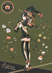 Rule 34 | 1girl, animal, animal on shoulder, arm warmers, ass, backless dress, backless outfit, bad id, bad pixiv id, black hair, black nails, bow, bra strap, calico, candy, capelet, cat, cat on shoulder, commentary request, demon tail, demon wings, dress, earrings, facial mark, food, full body, gem, ghost, hair ornament, half-closed eyes, halloween, hat, high heels, highres, jack-o&#039;-lantern, jack-o&#039;-lantern hair ornament, jewelry, leg warmers, lollipop, looking at viewer, looking back, multicolored hair, nail polish, open mouth, original, pointy ears, red eyes, rednian, short dress, solo, spider web print, star (symbol), star earrings, star print, streaked hair, tail, tail bow, tail ornament, trick or treat, wings, witch, witch hat