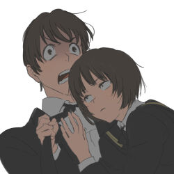 Rule 34 | 1boy, 1girl, amagami, angry, black jacket, brother and sister, brown hair, closed mouth, collared shirt, commentary request, frown, hand on another&#039;s chest, hands up, jacket, kakeami, long sleeves, looking at another, necktie, necktie grab, neckwear grab, open mouth, romaji commentary, sanpaku, school uniform, shirt, short hair, siblings, simple background, strangling, tachibana jun&#039;ichi, tachibana miya, tareme, upper body, v-shaped eyebrows, white background, white shirt, wide-eyed