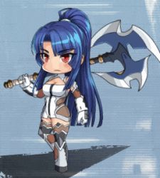 Rule 34 | 1girl, animated, animated gif, axe, battle axe, blue hair, bodysuit, boots, bouncing breasts, breasts, chibi, dress, hime cut, holding, holding weapon, lilith-soft, long hair, lowres, ponytail, red eyes, short dress, solo, taimanin (series), taimanin asagi, taimanin rpgx, weapon, yatsu murasaki