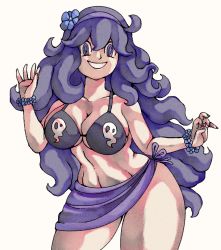 Rule 34 | 1girl, @ @, ahoge, bikini, bikini top only, blue flower, breasts, cleavage, collarbone, creatures (company), female focus, flower, game freak, hair flower, hair ornament, hairband, hands up, hex maniac (pokemon), large breasts, legs apart, long hair, looking at viewer, matching hair/eyes, nail polish, nintendo, npc trainer, pokemon, pokemon xy, purple bikini, purple eyes, purple hair, purple hairband, sarong, simple background, skindentation, smile, solo, standing, swampopple, swimsuit, teeth, white background