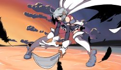 Rule 34 | 1girl, bare shoulders, black feathers, blue eyes, blue hair, boots, cape, detached sleeves, feathers, fortissimo, gloves, hair ornament, highres, jarv, looking at viewer, magical girl, mahou shoujo madoka magica, mahou shoujo madoka magica: hangyaku no monogatari, midriff, miki sayaka, musical note, musical note hair ornament, one eye closed, saber (weapon), short hair, skirt, solo, soul gem, squatting, sword, thighhighs, thighs, weapon, white cape, white gloves