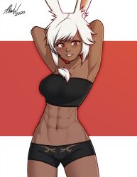 1girl abs alexw95 animal_ears armpits arms_behind_head black_shirt black_shorts blush breasts commission crop_top dark-skinned_female dark_skin dated final_fantasy final_fantasy_xiv gluteal_fold grin highres large_breasts large_variant_set lips looking_at_viewer navel open_mouth rabbit_ears red_background red_eyes robe shirt short_hair short_shorts shorts signature simple_background smile solo stomach teeth toned toned_female variant_set viera warrior_of_light_(ff14) white_background white_hair white_robe