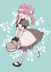 Rule 34 | 1girl, ace attorney, alternate costume, apron, basket, black gloves, blue eyes, dress, drill hair, full body, gloves, hair rings, highres, holding, holding basket, iris wilson, long hair, looking at viewer, noi350, open mouth, pink hair, puffy short sleeves, puffy sleeves, shoes, short sleeves, smile, solo, the great ace attorney, twintails, walking, white apron