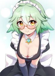 Rule 34 | 3:, absurdres, alternate costume, animal ears, antenna hair, aqua background, black dress, bow, breasts, cleavage, collarbone, detached collar, doggo zylax, dress, elbow gloves, enmaided, furrowed brow, genshin impact, glasses, glove cuffs, gloves, green hair, hair between eyes, hair flaps, highres, invisible chair, large breasts, looking at viewer, maid, maid headdress, mole, mole on breast, orange eyes, paw print, puffy short sleeves, puffy sleeves, semi-rimless eyewear, short hair, short sleeves, sitting, sucrose (genshin impact), vision (genshin impact), white bow
